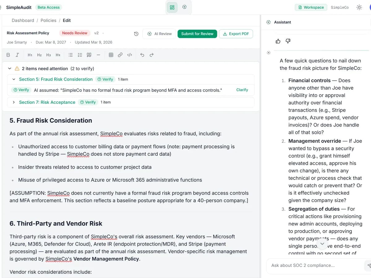 WYSIWYG policy editor showing an AI-generated Security Awareness Training Policy with review workflow