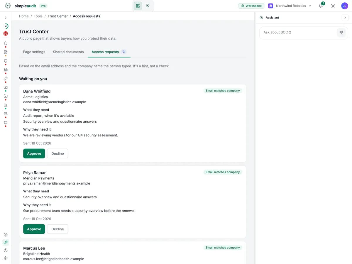Trust Center access requests inbox with a buyer's pending request and Approve and Decline buttons