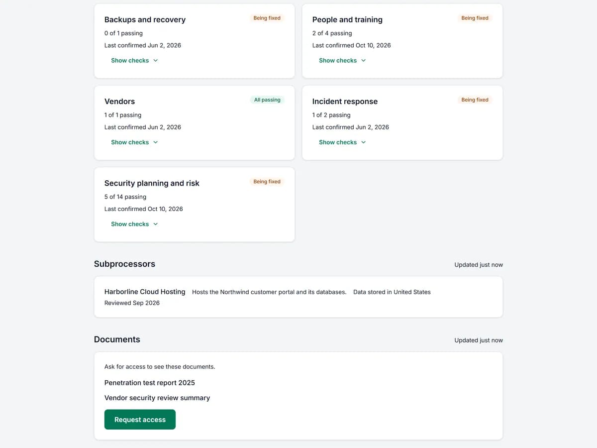 Public Trust Center page with security areas, published documents and a request access button