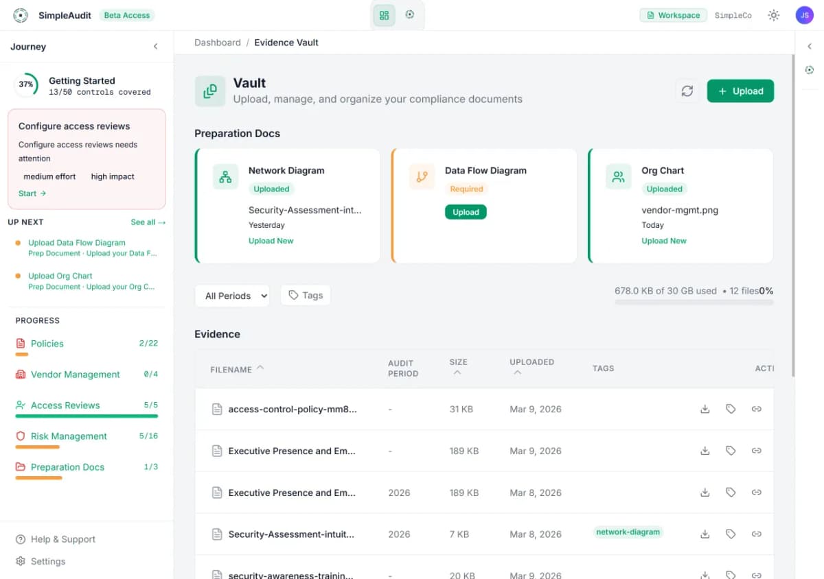 Evidence Vault showing preparation docs status, file list with tags, and upload interface