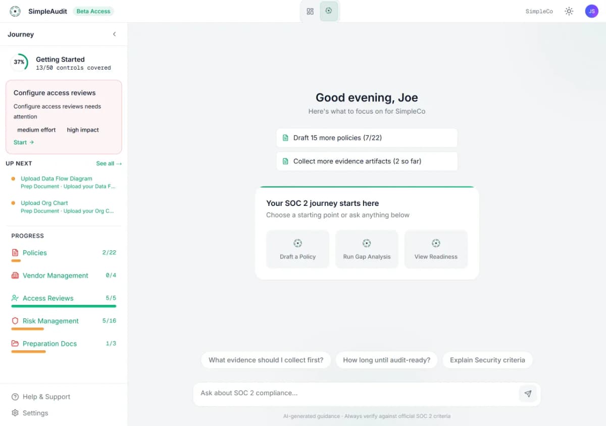 Journey dashboard with AI chat showing TSC scope selection and progress tracking sidebar