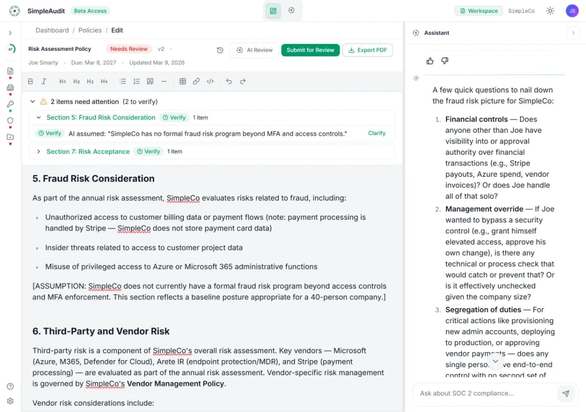 WYSIWYG policy editor showing an AI-generated Security Awareness Training Policy with review workflow