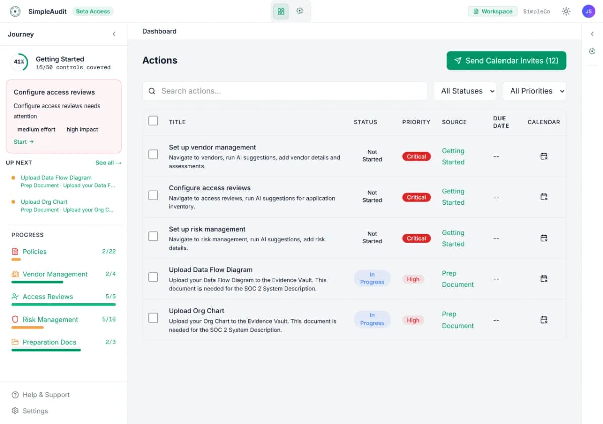Actions dashboard showing AI-generated tasks with status, priority, source, and calendar integration