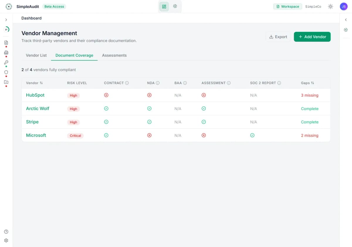 Vendor document coverage dashboard showing compliance status for Zendesk, Vercel, Stripe, and more