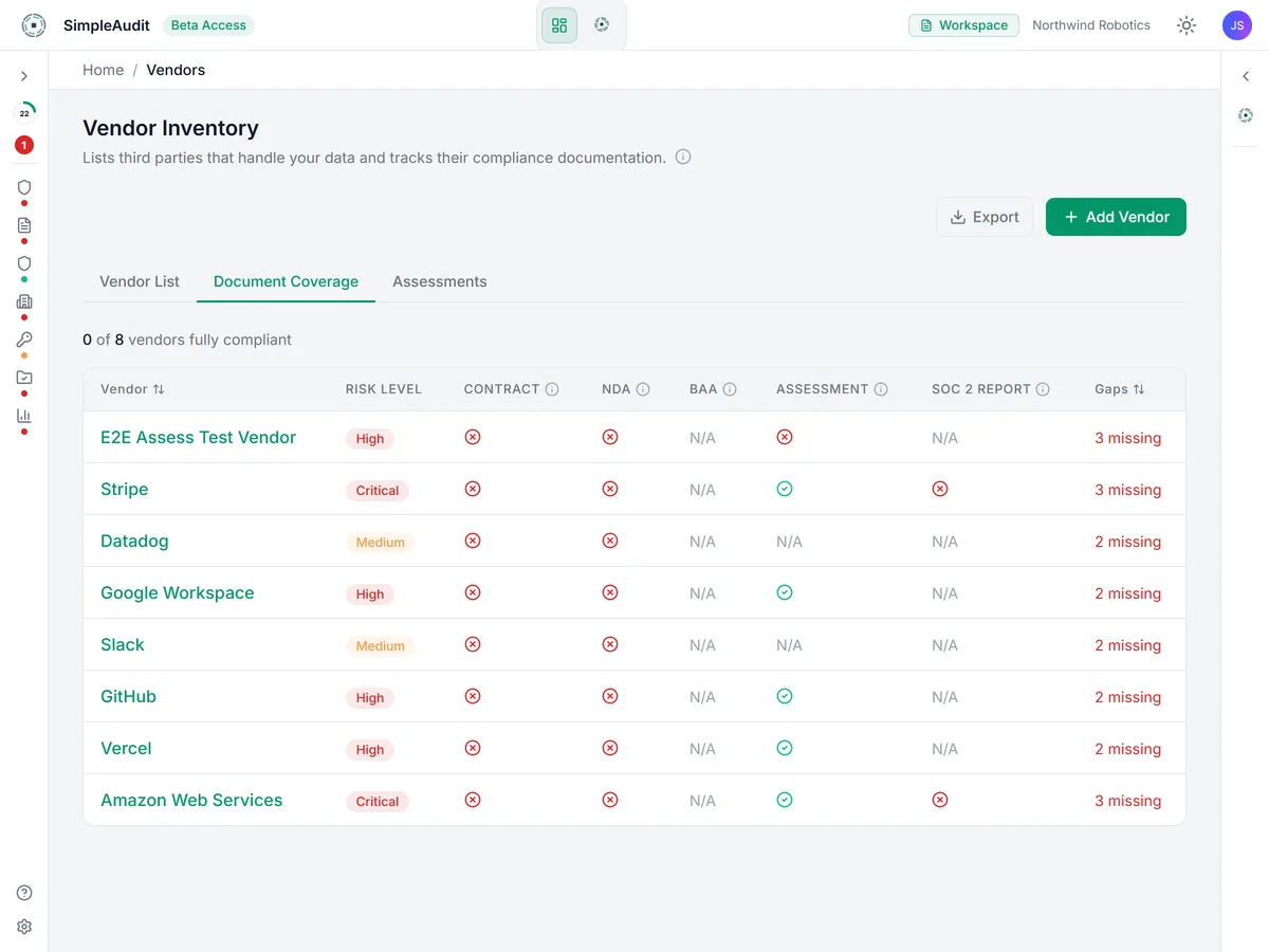 Vendor management list showing vendor risk levels, compliance status badges, and a security questionnaire drawer
