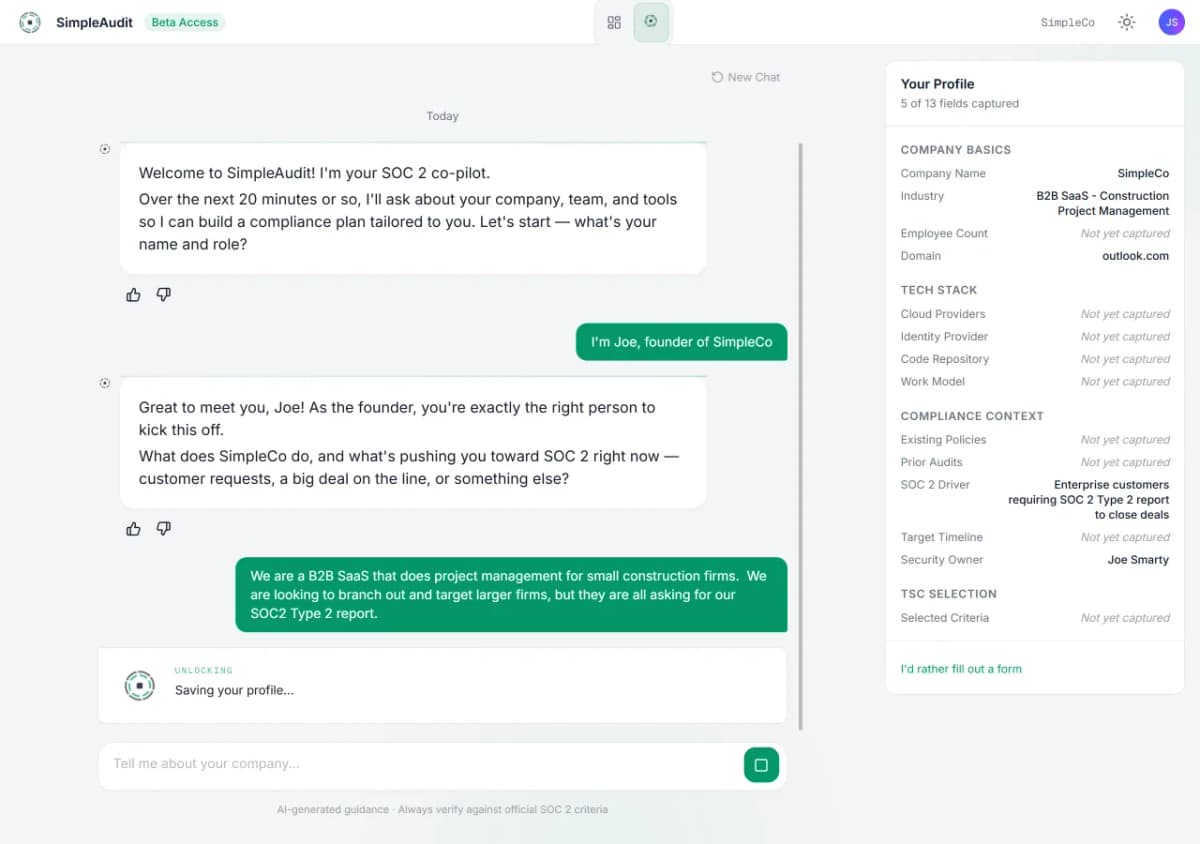 AI onboarding conversation capturing company profile, tech stack, and compliance context in real time